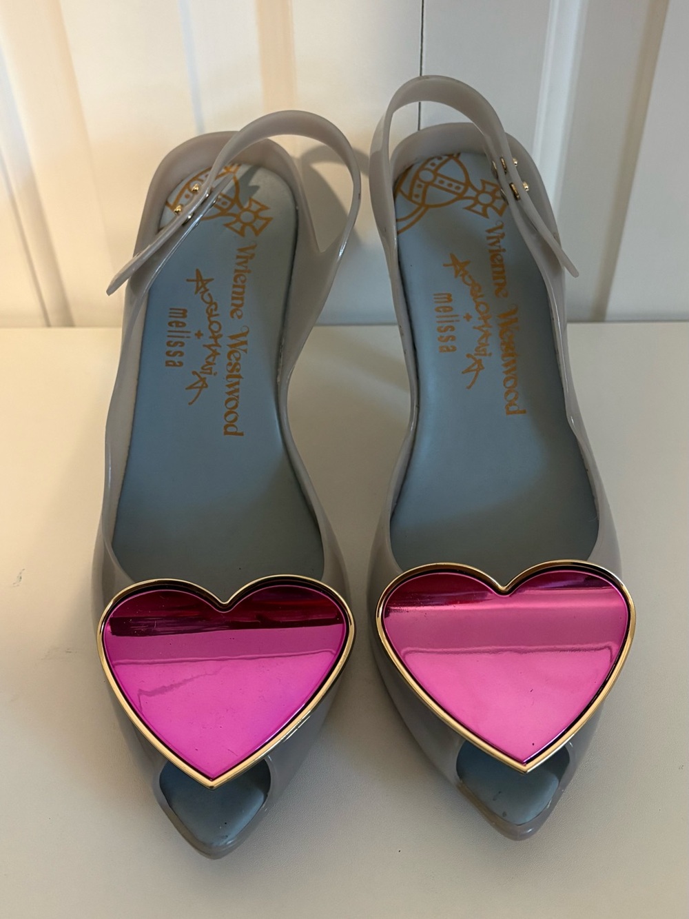 VIVIENNE WESTWOOD x Melissa Lady Dragon Heart Jelly Heels - Dove Gray, Size 10